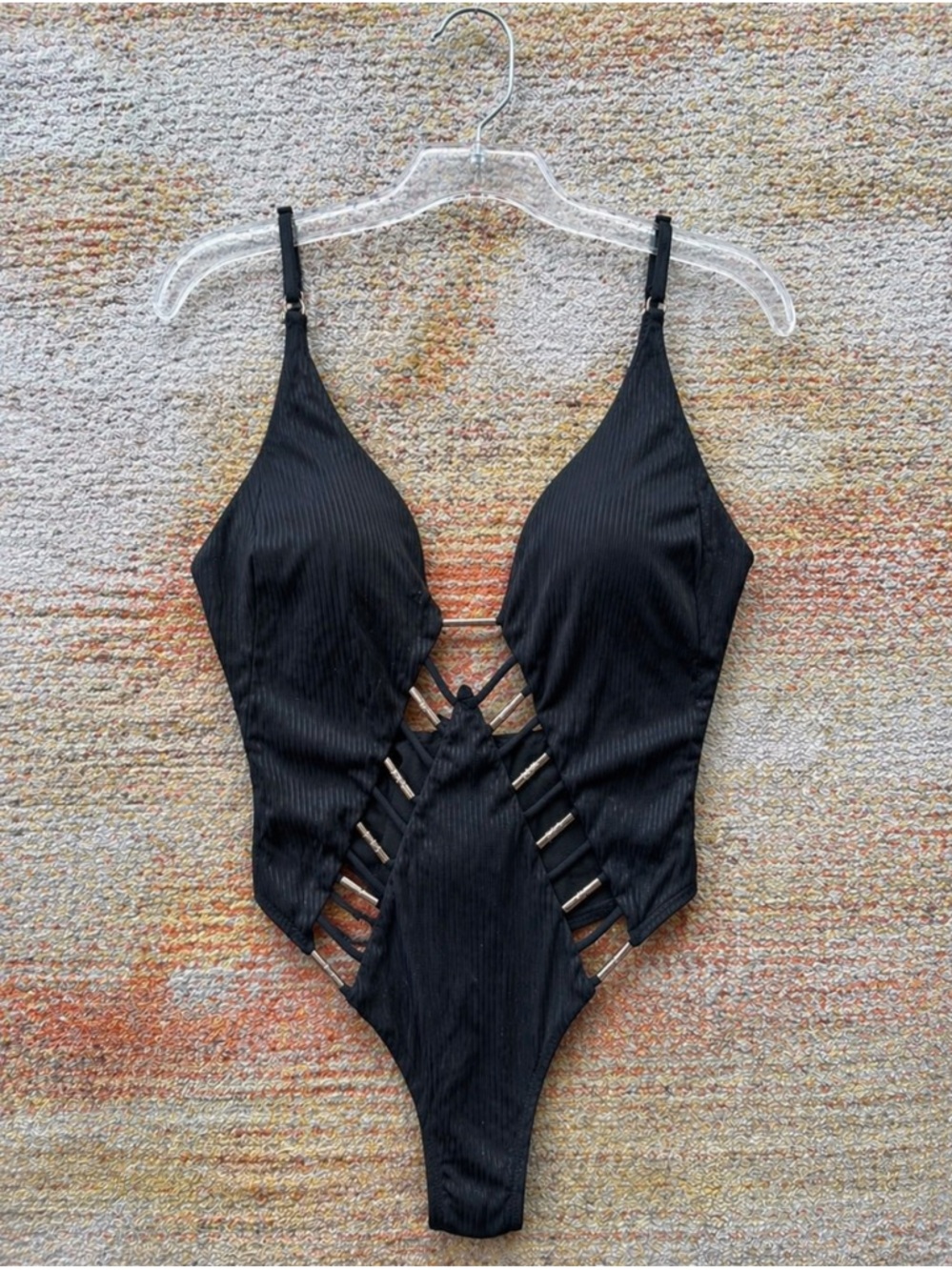 Vintage 2000’s XOXO Black One Piece Bathing Suit Cutout Metal Accents sz s